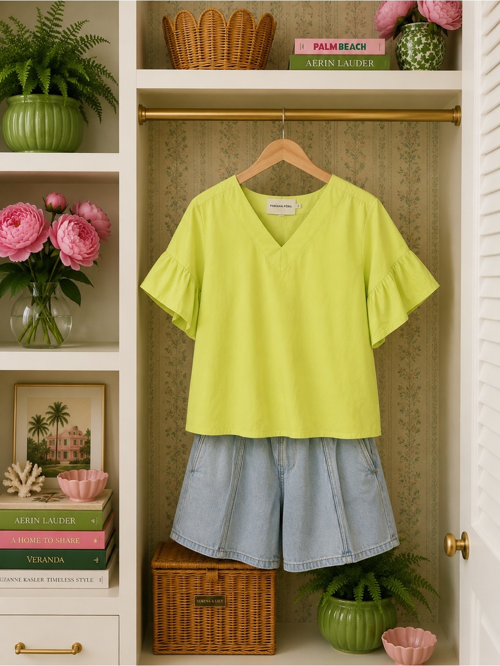 V-Neck Ruffle Sleeve Top in Lime Green